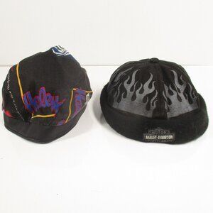 2 Vtg Harley Davidson Brimless Hat Beanie Embroidered Flames Black Skull Cap